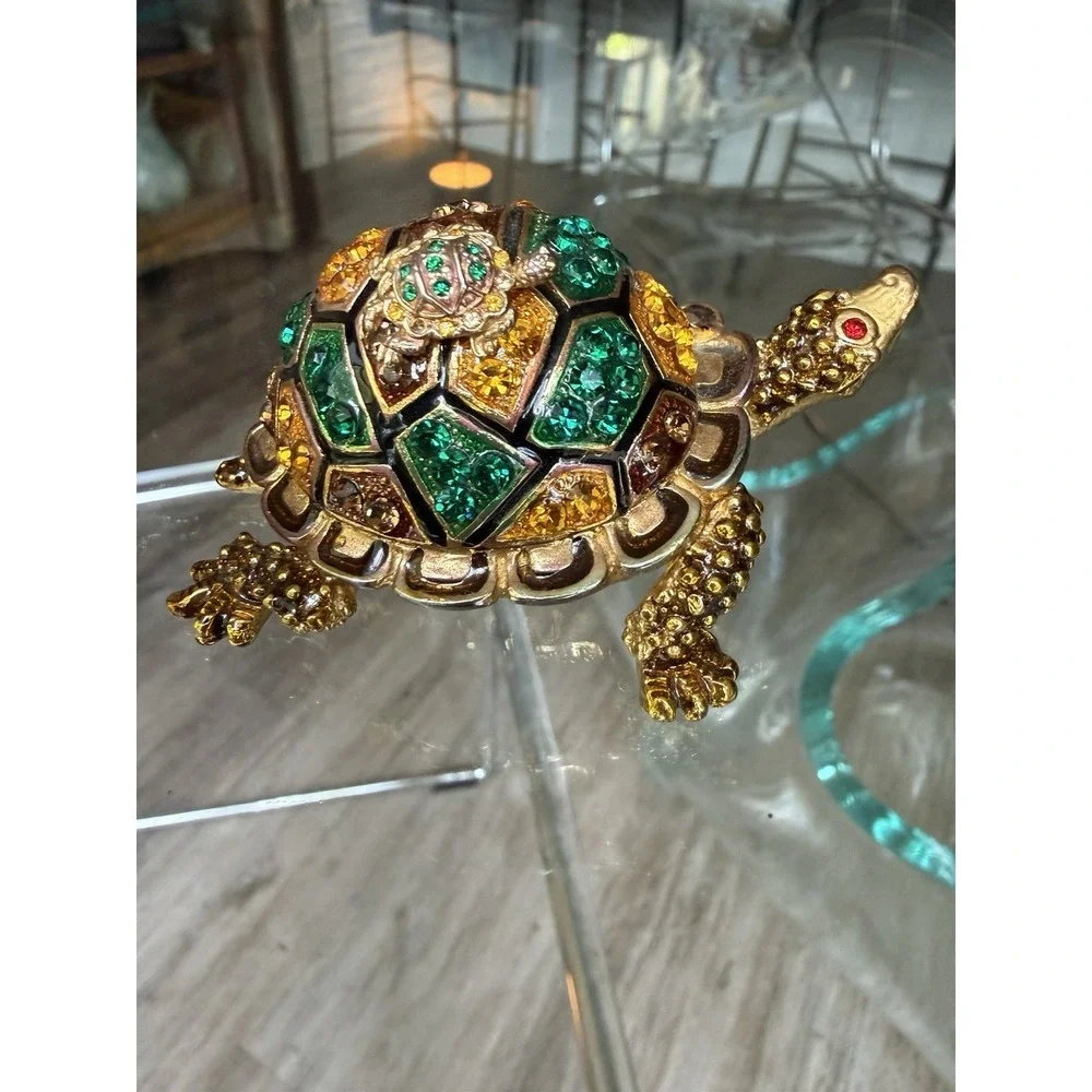 Jeweled Enamel Turtle Trinket Box Hinged Magnetic Pill Box Rhinestone Gold Tone